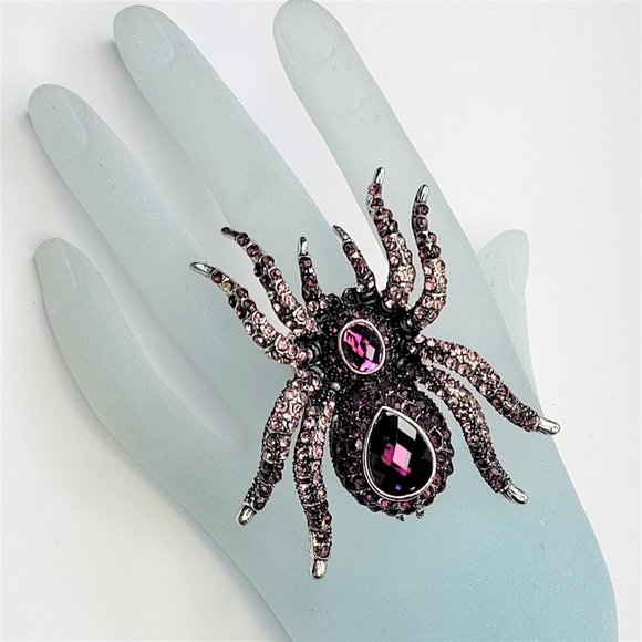Spider Tarantula Pink Crystals Stretch Band Large Spider Charm Ring - Picture 2 of 12